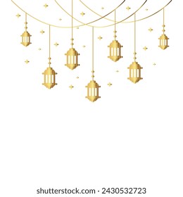 Ramadan Kareem y Eid Mubarak linternas árabes lámparas para la tarjeta de felicitación del día de fiesta del Islam musulmán con estrellas de oro. Fondo de ilustración vectorial de línea de contorno de color dorado