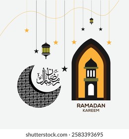 Ramadan Kareem and Eid Mubarak Arabian lamp lanterns decorations, vector background.
Islam holiday Muslim ornament of golden stars, crescent moon and hanging lantern lamps for Ramadan Kareem greeting.