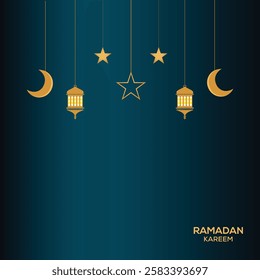 Ramadan Kareem and Eid Mubarak Arabian lamp lanterns decorations, vector background.
Islam holiday Muslim ornament of golden stars, crescent moon and hanging lantern lamps for Ramadan Kareem greeting.