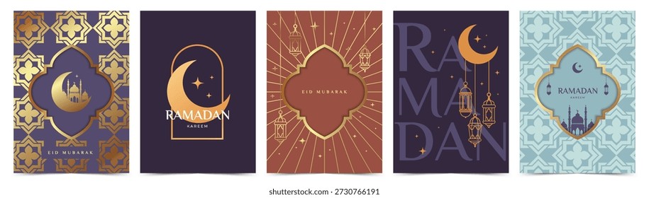 Ramadán Kareem y Eid Mubarak Anuncio con luna creciente, mezquita, faroles, arcos, adornos islámicos. Plantilla de diseño de lujo para el cartel, tarjeta de felicitación, cubierta de vacaciones, invitación