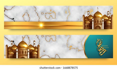 Ramadan Kareem, Eid Mubarak banners with moon, stars, mosque. Vector Illustration