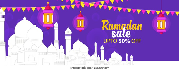 Ramadan Kareem und Eid Mubarak Celebration Poster Design mit Illuminierten Lattern und Moschee 