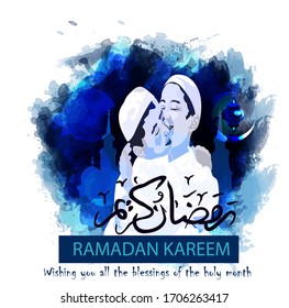 Ramadan Kareem and Eid mubarak Celebration card,Poster,greeting Design with Illuminated Lantern and Mosque Vector illustration.