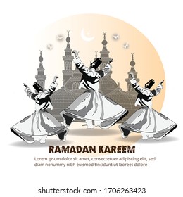 Ramadan Kareem and Eid mubarak Celebration card,Poster,greeting Design with Illuminated Lantern and Mosque Vector illustration.