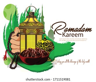 Ramadan Kareem and Eid mubarak Celebration card,Poster,greeting Design with Illuminated Lantern and Mosque Vector illustration.