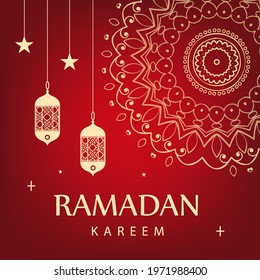 Ramadan Kareem,  EID Mubarak celebration with dynamic geometric and hanging lanterns. Vector illustration on red background