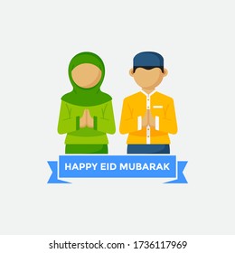 Ramadan Kareem and Eid Mubarak character design. Muslim kids cartoon isolated in flat vector design. Vector Illustration for poster, greeting card, banner, flyer.