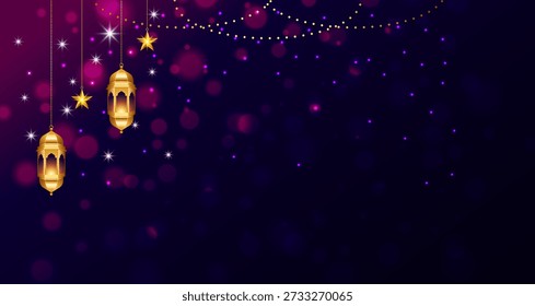 Fondo del espacio de copia de Ramadán Kareem Eid Mubarak. Anuncio de fondo islámico con bokeh y linterna. Traducción. "Mes de ayuno musulmán y día de celebración después del ayuno".