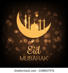 Ramadan Kareem o Eid Mubarak - Diseño de tarjetas de felicitación oscura para el Festival de la Comunidad Musulmana con Mezquita de Oro y Luna de Creciente
