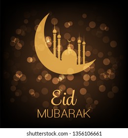 Ramadan Kareem or Eid Mubarak - Dark Greeting Card Design for Muslim Community Festival with Golden Mosque and Crescent Moon