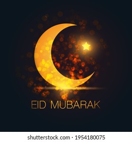 Ramadan Kareem or Eid Mubarak - Dark Greeting Card Design for Muslim Community Festival with Night Sky and  Golden Crescent Moon