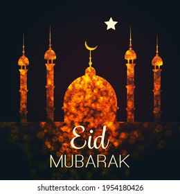 Ramadan Kareem or Eid Mubarak - Dark Greeting Card Design for Muslim Community Festival with Artistic Golden Mosque Silhouette in the Dark Night