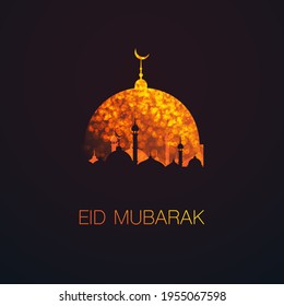 Ramadan Kareem or Eid Mubarak - Dark Greeting Card Design for Muslim Community Festival with Artistic Golden Mosque Silhouette in the Dark Night