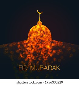 Ramadan Kareem or Eid Mubarak - Dark Greeting Card Design for Muslim Community Festival with Artistic Golden Mosque Silhouette in the Dark Night
