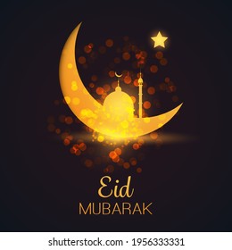 Ramadan Kareem or Eid Mubarak - Dark Greeting Card Design for Muslim Community Festival with Night Sky and Mosque on a Golden Crescent Moon