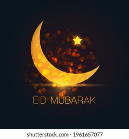 Ramadan Kareem o Eid Mubarak - Diseño de tarjetas de felicitación oscuras para el Festival de la Comunidad Musulmana con cielo nocturno y luna de oro