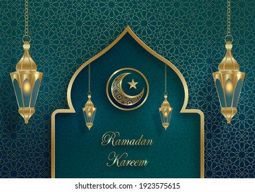 Ramadan Kareem Or Eid Mubarak Design On Islamic Background With Gold Pattern On Paper Color Backgroung 