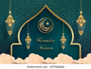 Diseño Ramadan Kareem o Eid Mubarak sobre fondo islámico con patrón oro sobre fondo de color de papel (traducción: Ramadan Kareem)