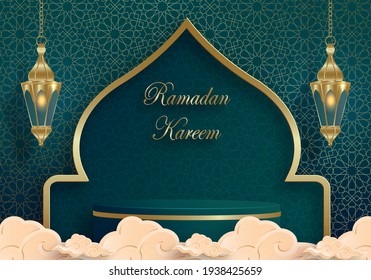 Ramadan Kareem or Eid Mubarak design podium round stage on islamic background with gold pattern on paper color backgroung (transaltion : Ramadan Kareem)