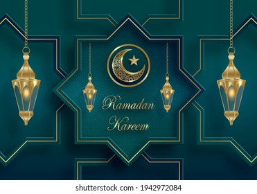 Ramadan Kareem or Eid Mubarak design on islamic background with gold pattern on paper color backgroung (transaltion : Ramadan Kareem)