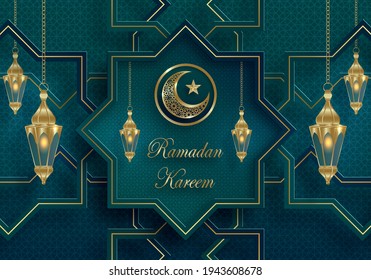 Ramadan Kareem or Eid Mubarak design on islamic background with gold pattern on paper color backgroung (transaltion : Ramadan Kareem)