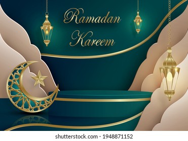 Ramadan Kareem or Eid Mubarak design podium round stage on islamic background with gold pattern on paper color backgroung (transaltion : Ramadan Kareem)