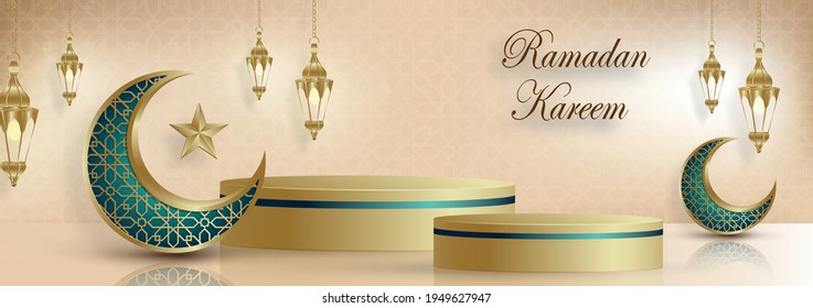 Ramadan Kareem Or Eid Mubarak Design Podium Round Stage On Islamic Background With Gold Pattern On Paper Color Backgroung (transaltion : Ramadan Kareem)