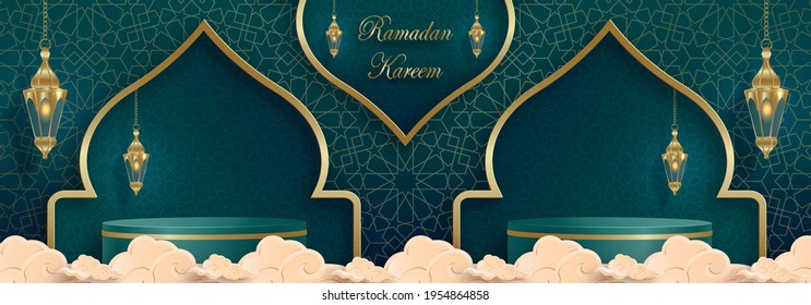 Ramadan Kareem or Eid Mubarak design podium round stage on islamic background with gold pattern on paper color backgroung (transaltion : Ramadan Kareem)