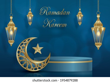 Ramadan Kareem or Eid Mubarak design podium round stage on islamic background with gold pattern on paper color backgroung (transaltion : Ramadan Kareem)
