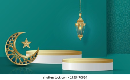 Ramadan Kareem or Eid Mubarak design podium round stage on islamic background with gold pattern on paper color backgroung (transaltion : Ramadan Kareem)