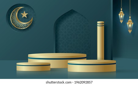 Ramadan Kareem or Eid Mubarak design podium round stage on islamic background with gold pattern on paper color backgroung (transaltion : Ramadan Kareem)