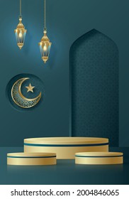Ramadan Kareem oder Eid Mubarak Design-Podium rund um die Bühne auf islamischem Hintergrund mit goldenem Muster auf Papierfarbhintergrund 