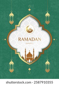 Ramadan Kareem and Eid Mubarak Design template with Oriental Islamic patterns, Mosque, lanterns, crescent for greeting banner, card, poster. Vector illustration on green and gold colors