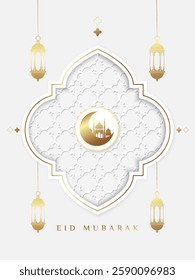 Ramadan Kareem and Eid Mubarak Design template with Oriental Islamic patterns, Mosque, lanterns, crescent for greeting banner, card, poster. Vector illustration on white background