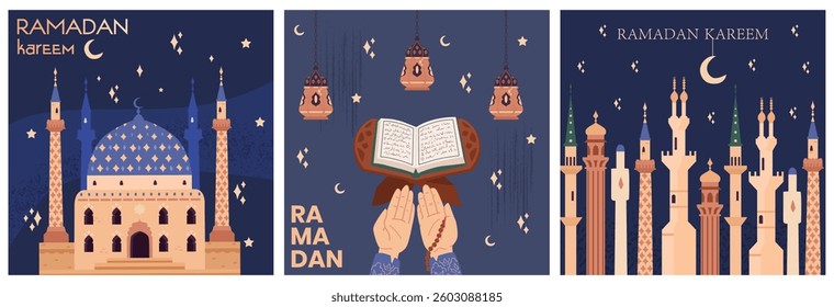 Ramadan Kareem and Eid Mubarak flat vector greeting cards set with illustrations of praying hands, Quran, mosque, minarets, lanterns.