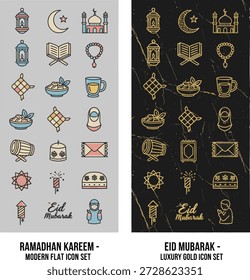 Ramadan Kareem and Eid Mubarak Flat Icon Set. High-quality vector illustration featuring Islamic celebration elements: mosque, decorative lantern, crescent moon, stars, ketupat, Quran, prayer beads, and dates. Perfect for greeting cards, social media posts, and religious event decorations.