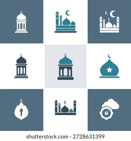 Ramadan Kareem and Eid Mubarak Flat Icon Set. High-quality vector illustration featuring Islamic celebration elements: mosque, decorative lantern, crescent moon, stars, ketupat, Quran, prayer beads, and dates. Perfect for greeting cards, social media posts, and religious event decorations.