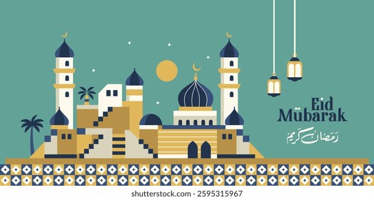 ramadan kareem, eid mubarak geometric landscape pastel color pattern with arabic city and various brightly colored islamic icons