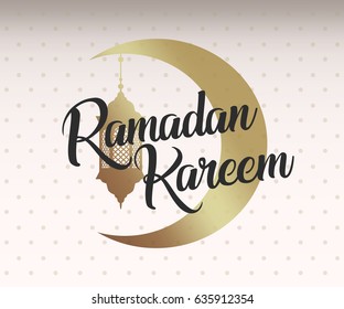 Ramadan Kareem, eid mubarak golden moon and lamp, lantern. Black lettering. Greeting card, invitation for muslim oriental community holy month on white with dots. Vector illustration