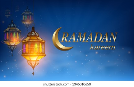 Ramadan Kareem or Eid mubarak greeting card with ramadan lamp, moon and stars lantern on Muslim feast of holy islam religious month. vector illustration.