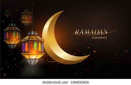 Ramadan Kareem or Eid mubarak greeting card with ramadan lamp, moon and stars lantern on Muslim feast of holy islam religious month. vector illustration.