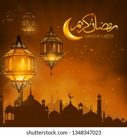 Ramadan Kareem or Eid mubarak greeting card with ramadan lamp, moon and stars lantern on Muslim feast of holy islam religious month. vector illustration.