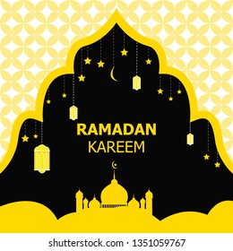 Ramadan Kareem or Eid Mubarak greeting background Islamic with mosque, arabic lamp and gold patterned. Modern design. Vector illustration.