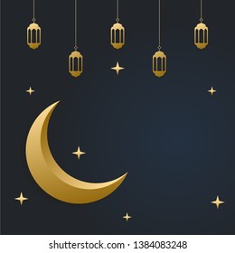 Ramadan Kareem or Eid mubarak greeting card square background Islamic with gold moon, stars, light.