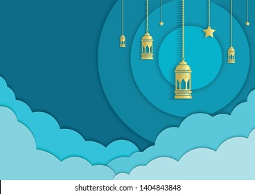 Ramadan Kareem or Eid mubarak greeting card islamic vector design with hanging arabic lantern and stars, paper cut out style with copy space.