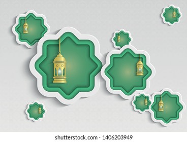 Ramadan Kareem or Eid mubarak greeting card islamic vector design with hanging arabic lantern, paper cut out style with copy space.