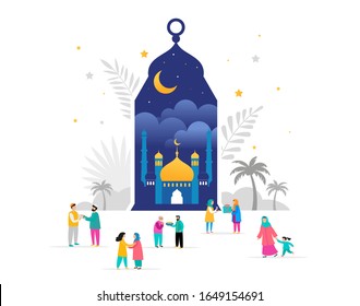 Ramadan Kareem, Eid Mubarak, Greeting Card And Banner With Many People, Giving Gifts, Food. Men, Women And Children Walking On The Street. Islamic Holiday Background. Vector Illustration