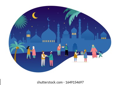 Ramadan Kareem, Eid mubarak, greeting card and banner with many people, giving gifts, food. Islamic holiday background. Vector illustration