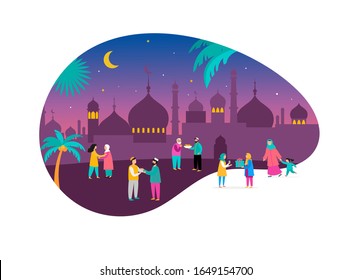 Ramadan Kareem, Eid Mubarak, Greeting Card And Banner With Many People, Giving Gifts, Food. Men, Women And Children Walking On The Street. Islamic Holiday Background. Vector Illustration