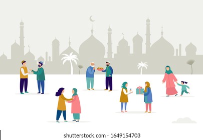 Ramadan Kareem, Eid Mubarak, Greeting Card And Banner With Many People, Giving Gifts, Food. Islamic Holiday Background. Vector Illustration